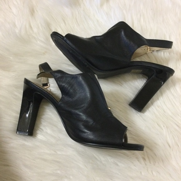 Kiss Kiss Italy Black Leather with‎ Rhinestones Peep Toe Sandals Size 7.5 NWOT - Picture 6 of 13